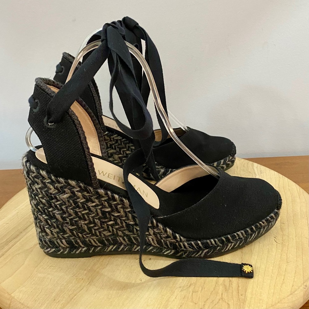 Stuart Weitzman Marguerita Espadrille Wedge Sandals Black Ankle Tie Wrap Sz 8.5C